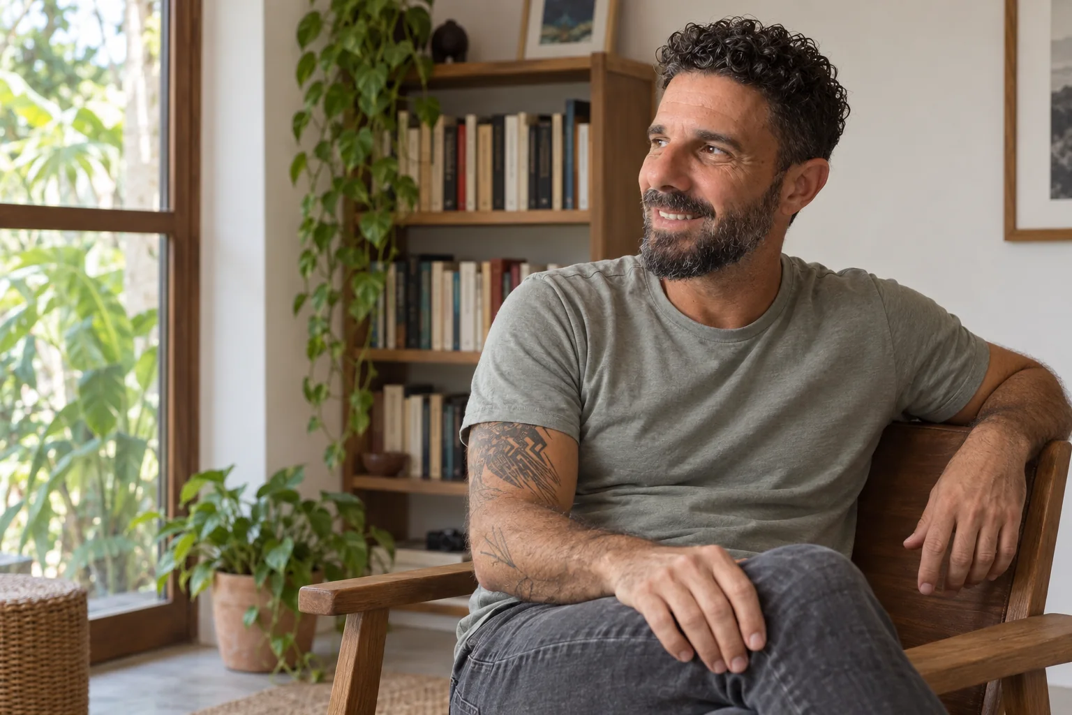 Bruno de camiseta cinza, sentado de lado em uma cadeira junto à janela, com as tatuagens visíveis e um sorriso espontâneo